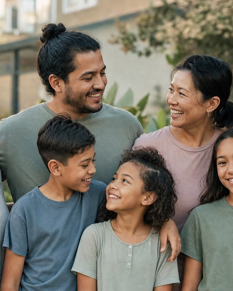 A multicultural family and community members supporting one another
