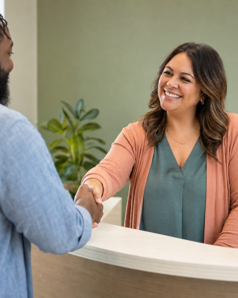 A welcoming intake coordinator greeting a new client at 2 All Is Well CDC