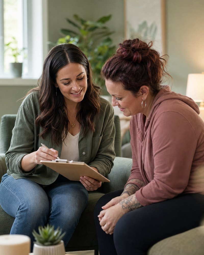 A counselor reviewing a care plan with a client at 2 All Is Well CDC