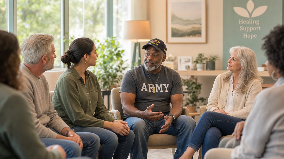 A diverse group, including a veteran, in a supportive counseling session at 2 All Is Well CDC