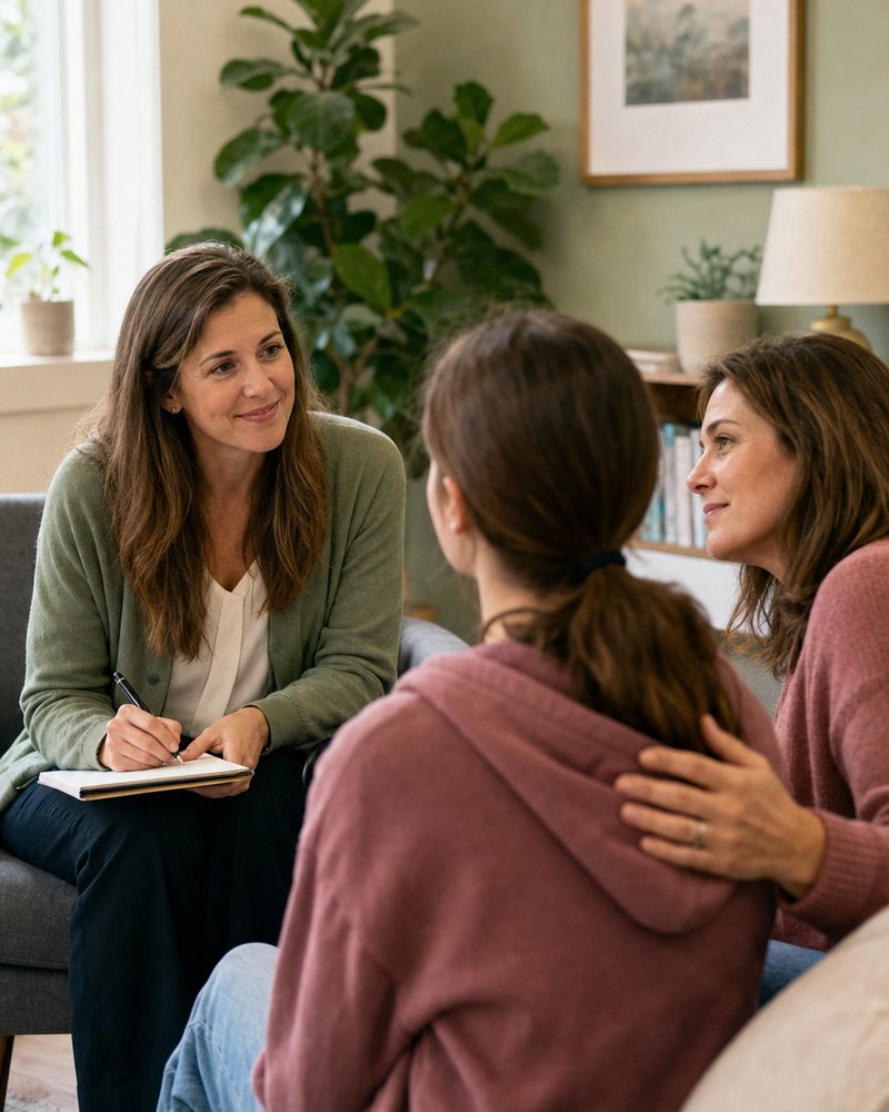 A family and adolescent in a supportive counseling session